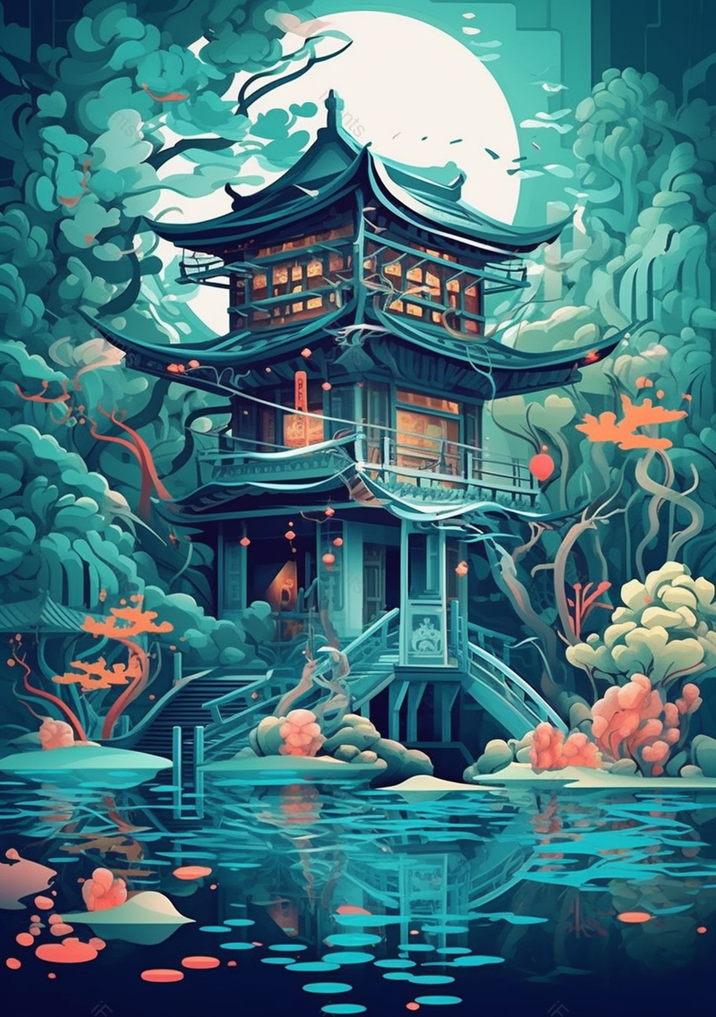 原创清冷唯美古代建筑楼层中国风插画,插画/手绘图,插画/手绘图库,插画/手绘图下载,插画/手绘